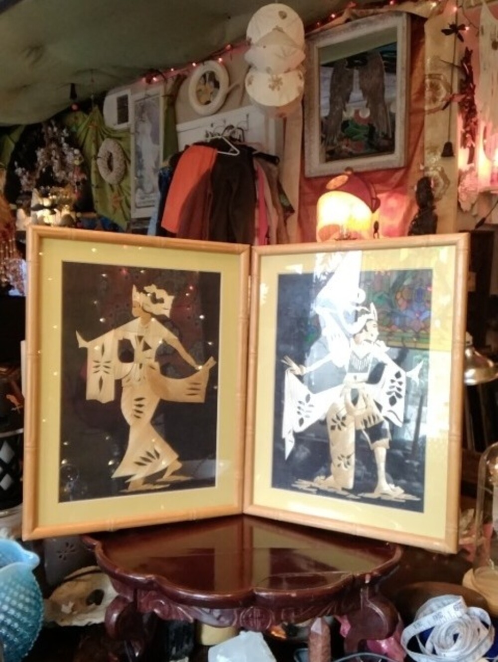Vintage Mid-Century Asian Straw Marquetry Framed Art Set